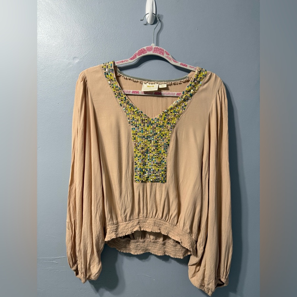 Anthropologie Maeve‎ Kristie V-Neck Long Sleeve Sequin Peasant Blouse Size Small